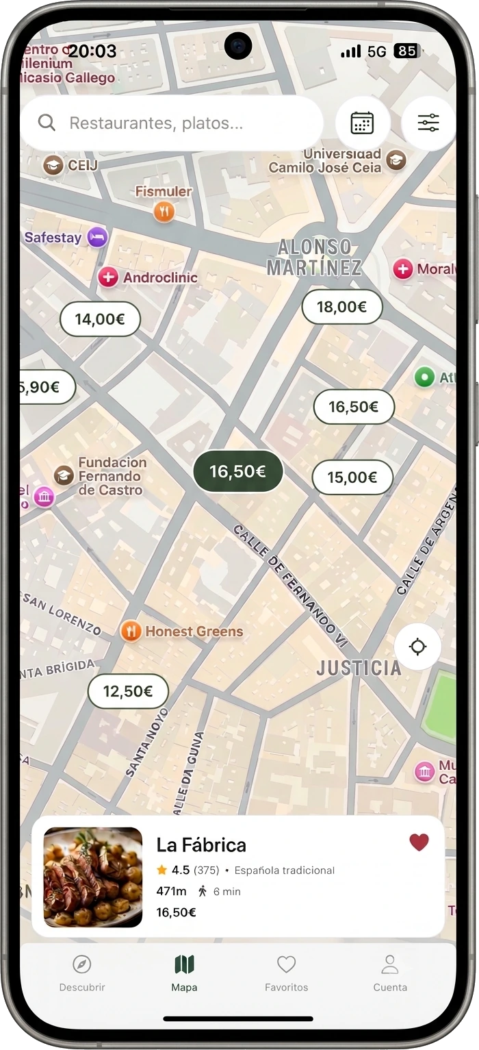 Mapa de MenuHoy con los precios del menú del día de cada restaurante en el centro de Madrid